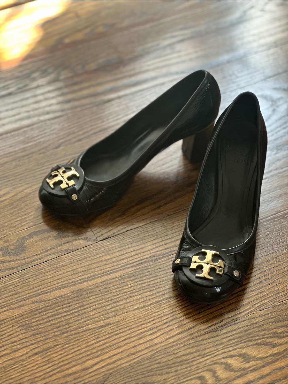 Tory Burch Black Patent Leather Logo Block Heel Pumps